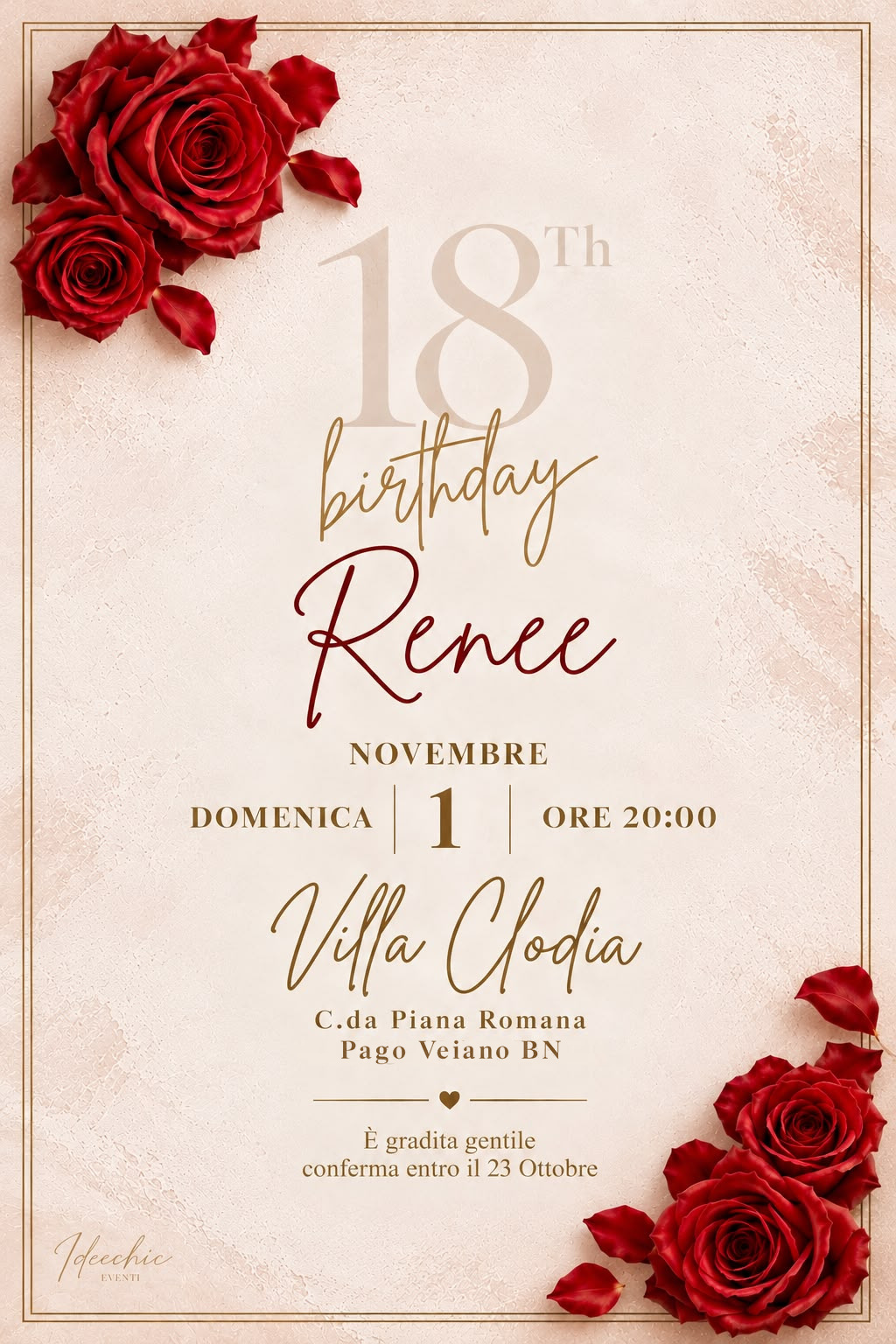 Invito ai 18 anni di Renée, domenica 1° novembre 2026 alle 20:00 a Villa Clodia